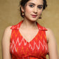 Graceful orange Cotton Ikat sleeveless blouse with smart collar and back