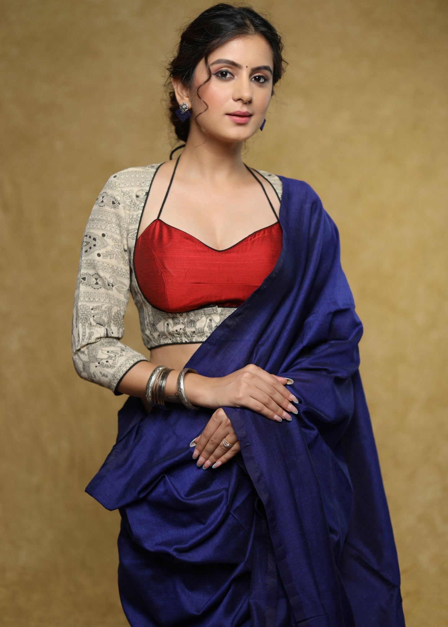 Exclusive maroon Cotton-Silk halter neck blouse with Madhubani jacket