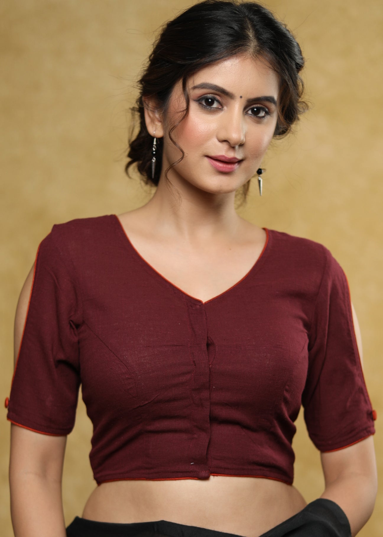 Standout wine coloured Cotton blouse with painted back & Fish eye sleeves