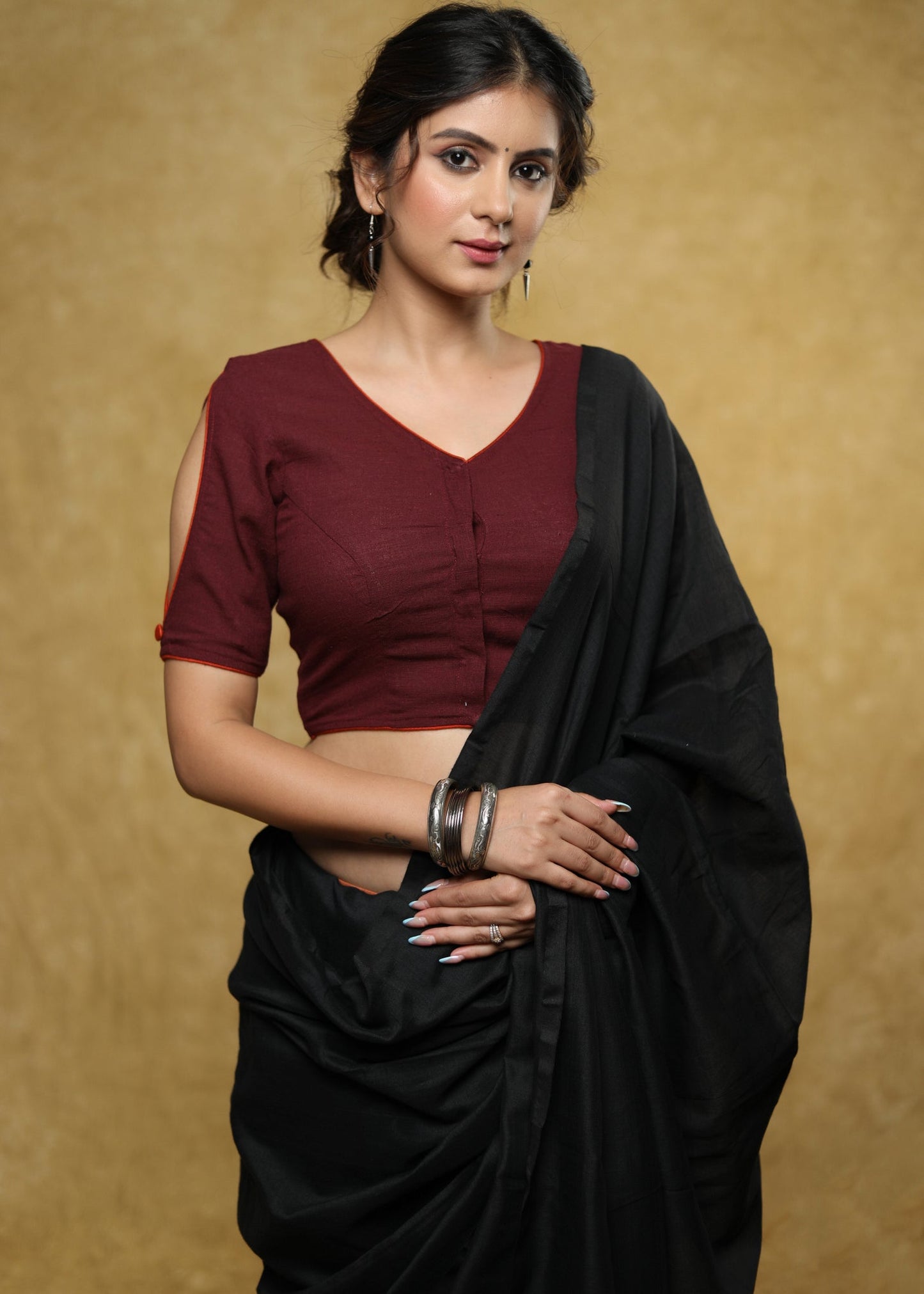 Standout wine coloured Cotton blouse with painted back & Fish eye sleeves
