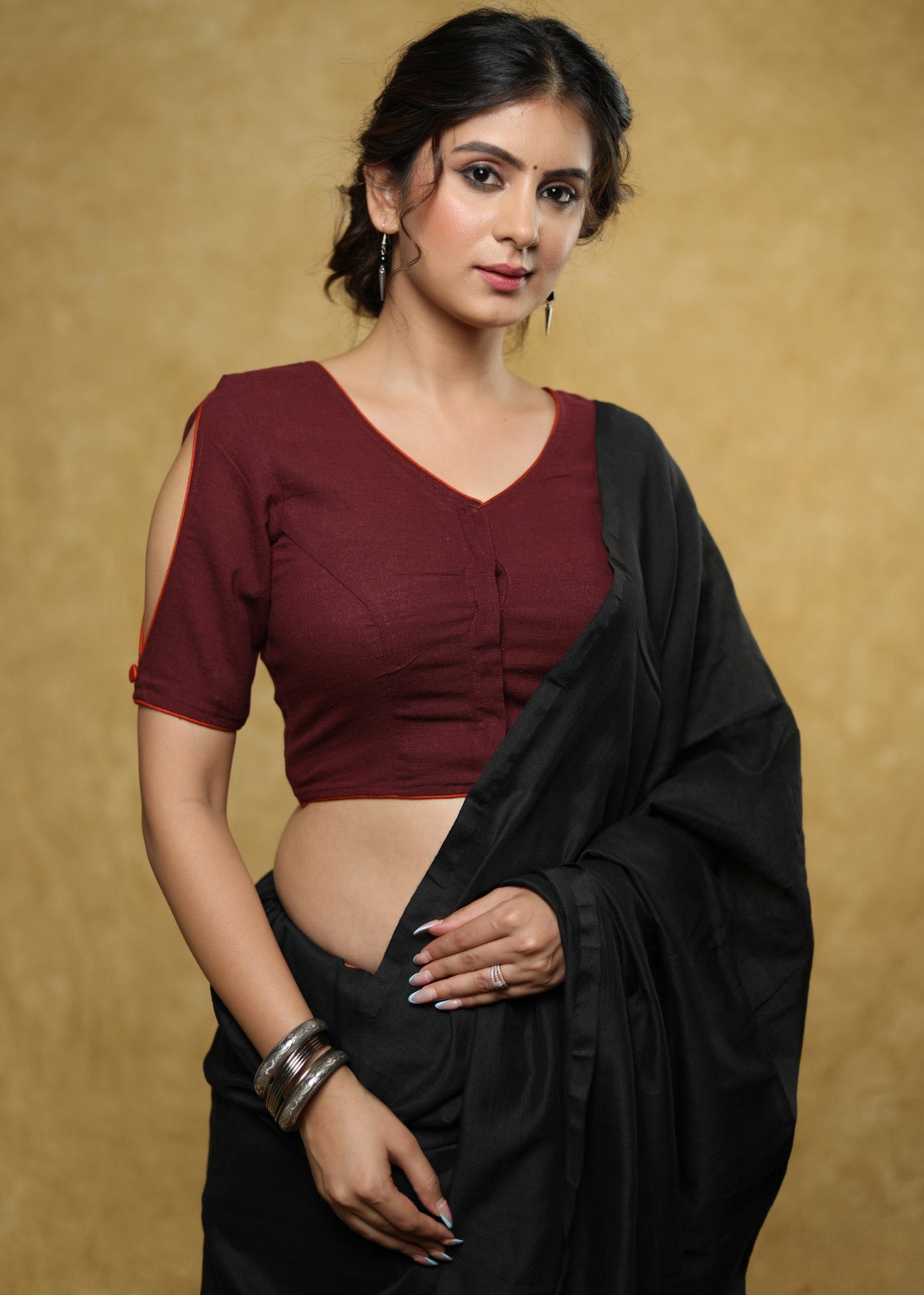 Standout wine coloured Cotton blouse with painted back & Fish eye sleeves