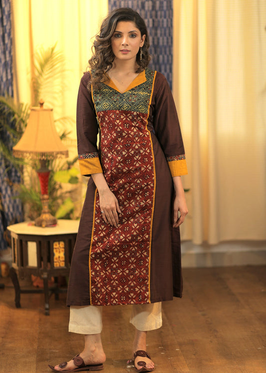 A-line Cotton  Silk Kurta with combination Ajrakh Panel