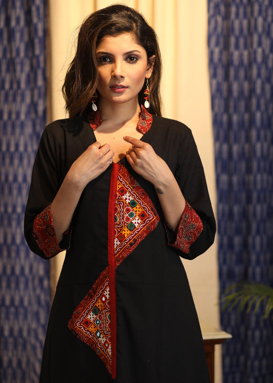 A-line Black Handloom Cotton Kurta with Hand-made Kutch Mirror Work and Ajrakh