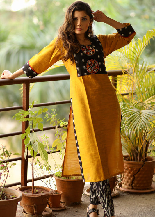 Straight cut Mustard cotton silk Kurta with ikat and Hand-made Kutch mirror embroidery