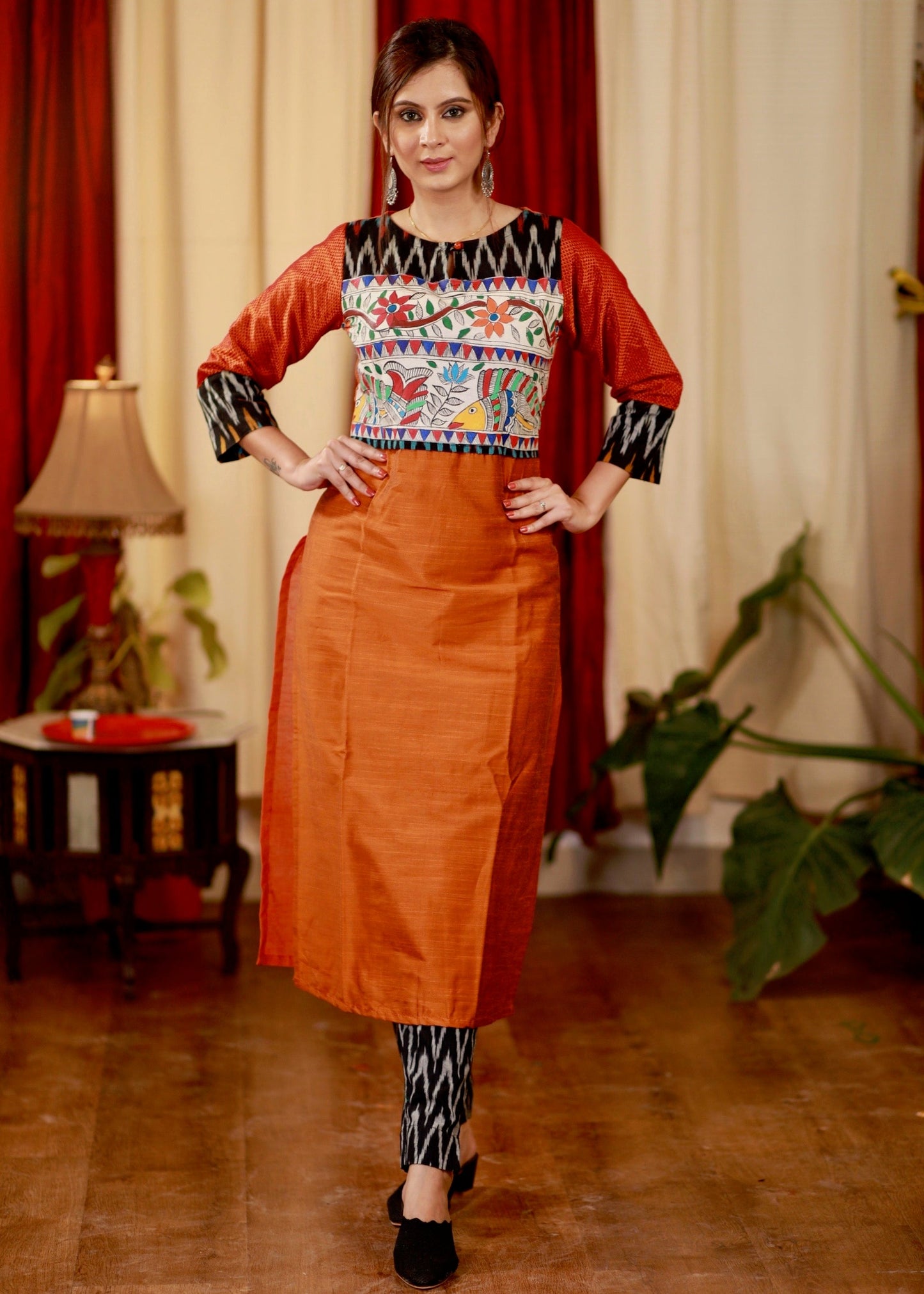 Straight Cut Cotton Silk Kurta with Exclusive Handpainted Madhubani work & Khun Sleeves