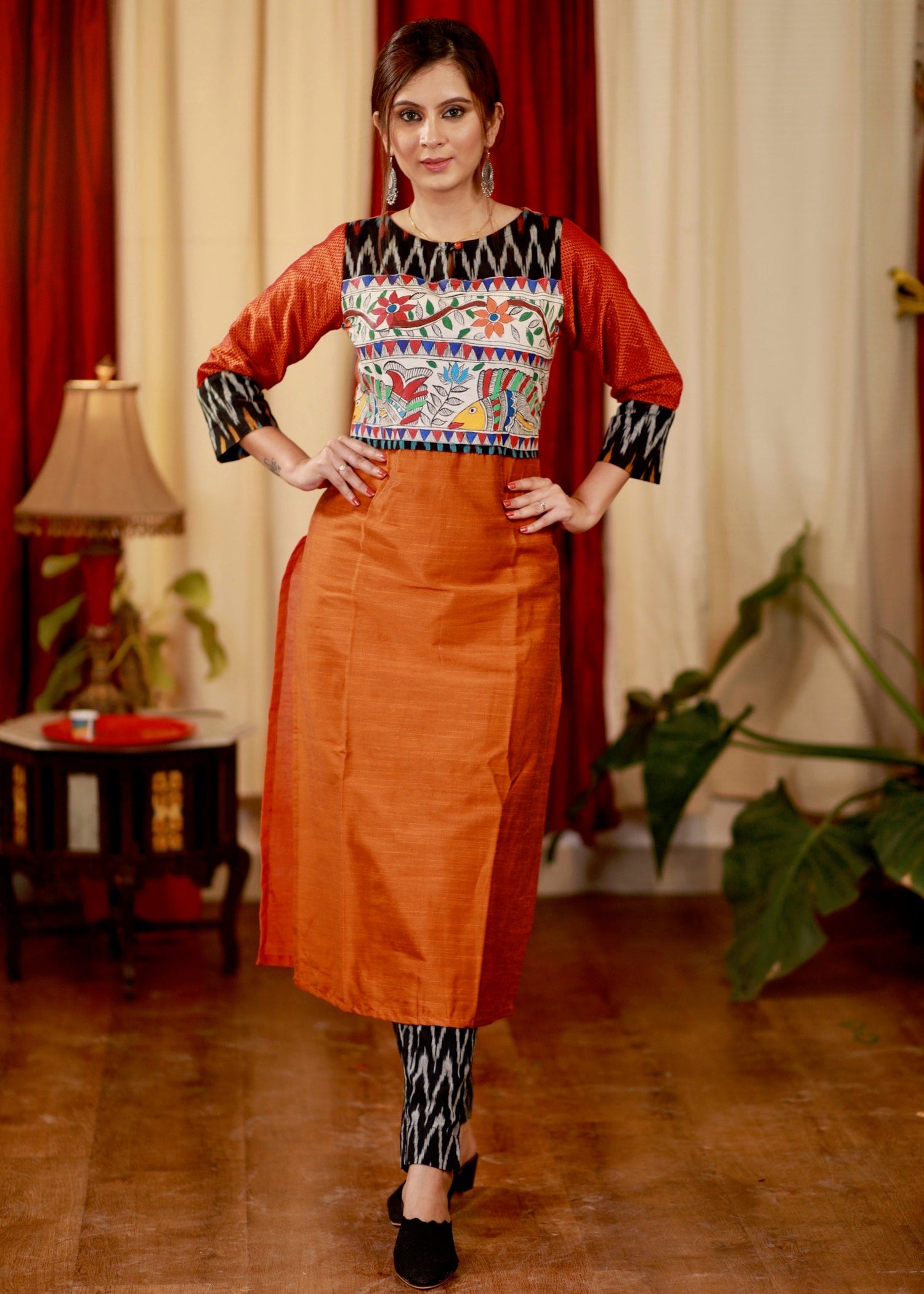 Straight Cut Cotton Silk Kurta with Exclusive Handpainted Madhubani work & Khun Sleeves
