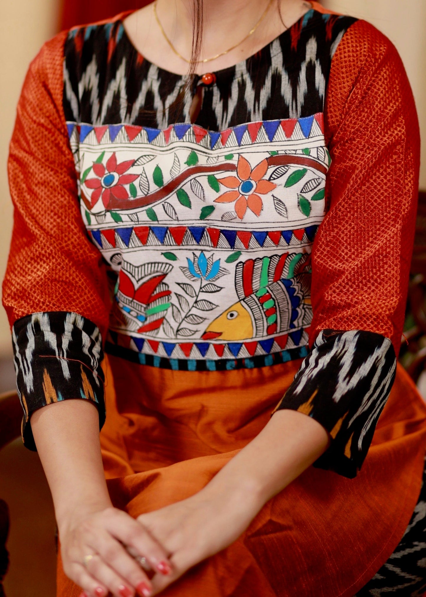 Straight Cut Cotton Silk Kurta with Exclusive Handpainted Madhubani work & Khun Sleeves
