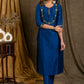 Blue Cotton Silk Straight Cut Kurta Pant Set with Floral Embroidered Yoke and Sleeves - Dupatta Optional