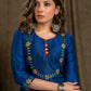 Blue Cotton Silk Straight Cut Kurta Pant Set with Floral Embroidered Yoke and Sleeves - Dupatta Optional