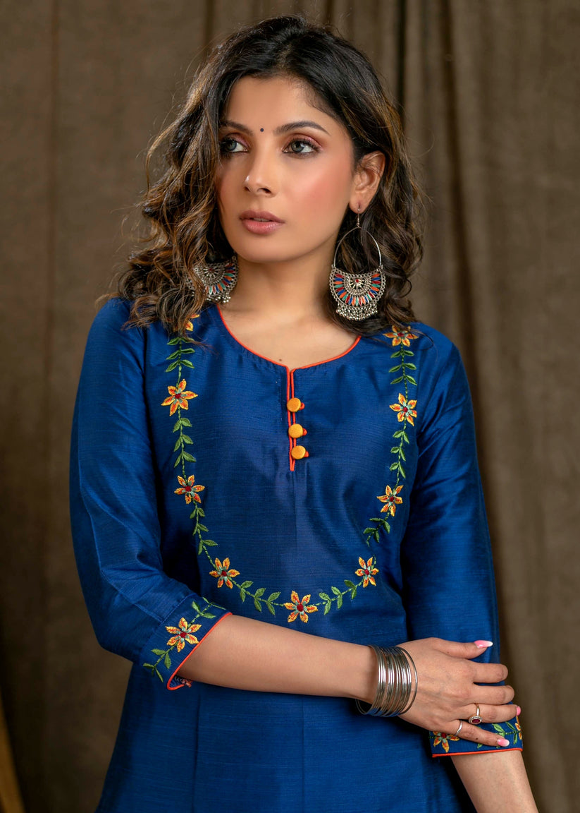 Straight Kurti and pant PRE-ORDER - Floral Blue Red and pant main image 1