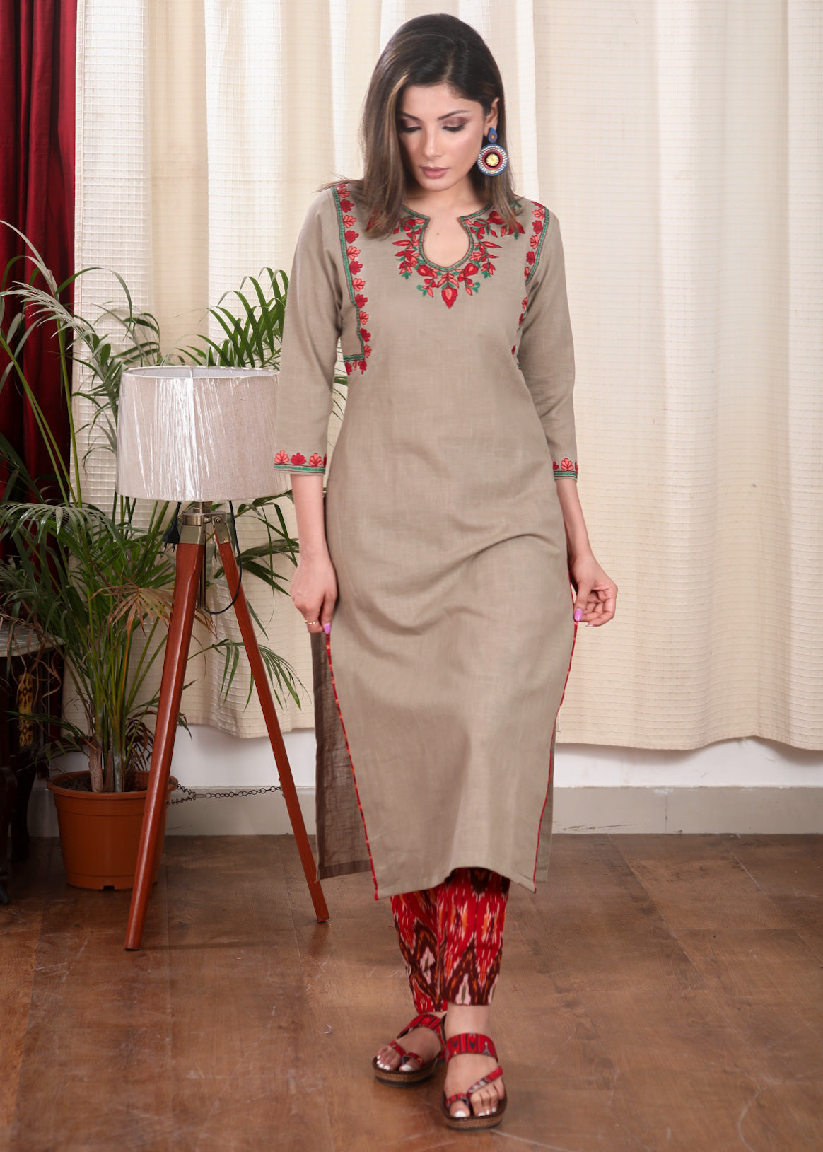 Elegant Chikoo Color Straight Cut Cotton Kurta with Elegantly Done  Embroidery Pattern