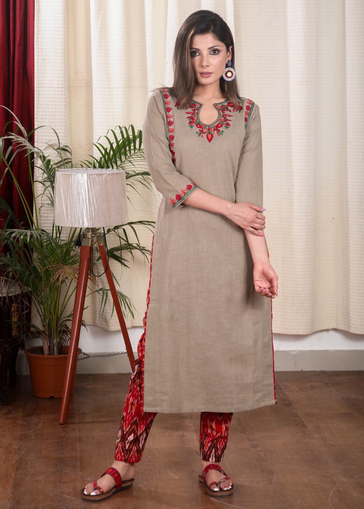Elegant Chikoo Color Straight Cut Cotton Kurta with Elegantly Done  Embroidery Pattern