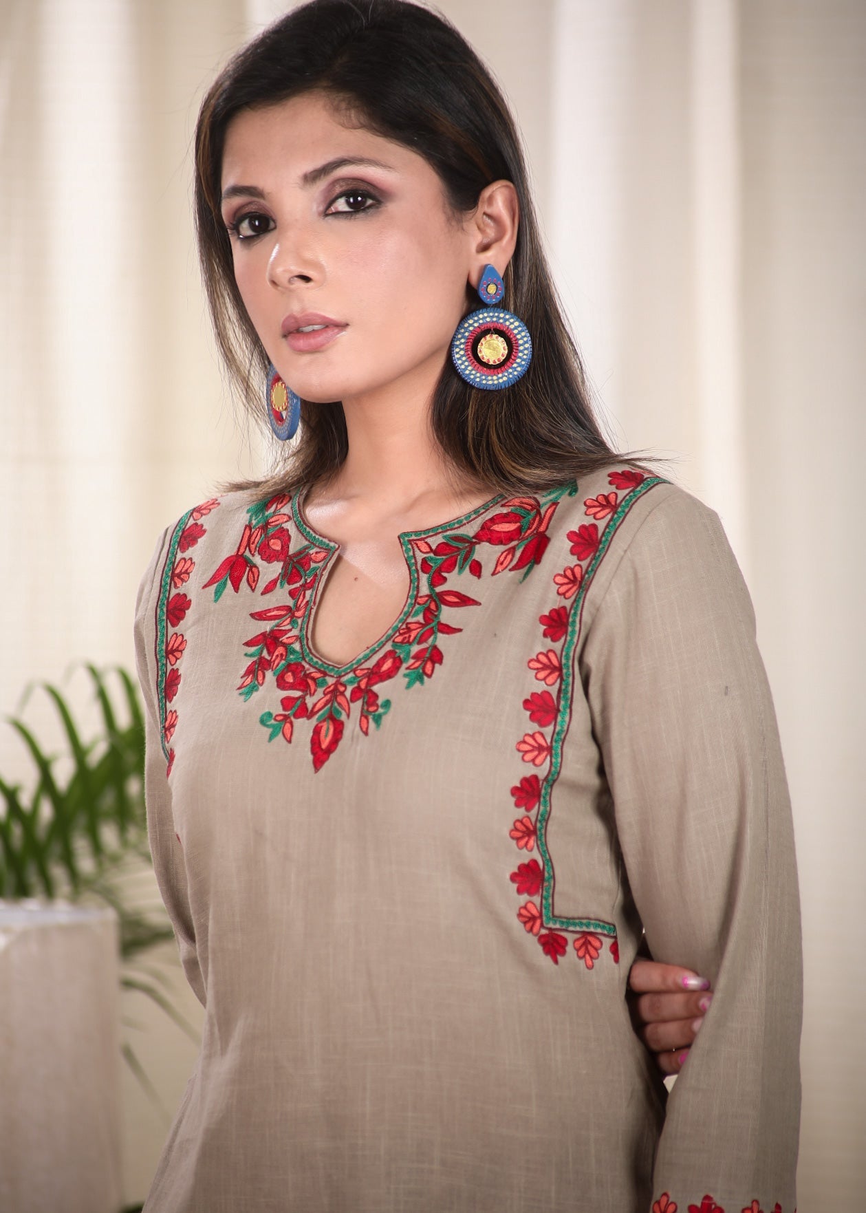 Elegant Chikoo Color Straight Cut Cotton Kurta with Elegantly Done  Embroidery Pattern