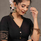 Elegant Black Cotton Silk Mandarin Collared Blouse with Foiled Warli Print on Sleeves and Back