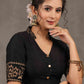 Elegant Black Cotton Silk Mandarin Collared Blouse with Foiled Warli Print on Sleeves and Back