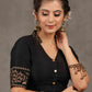 Elegant Black Cotton Silk Mandarin Collared Blouse with Foiled Warli Print on Sleeves and Back