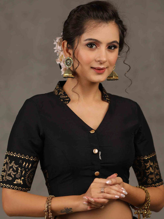 Elegant Black Cotton Silk Mandarin Collared Blouse with Foiled Warli Print on Sleeves and Back