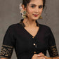Elegant Black Cotton Silk Mandarin Collared Blouse with Foiled Warli Print on Sleeves and Back