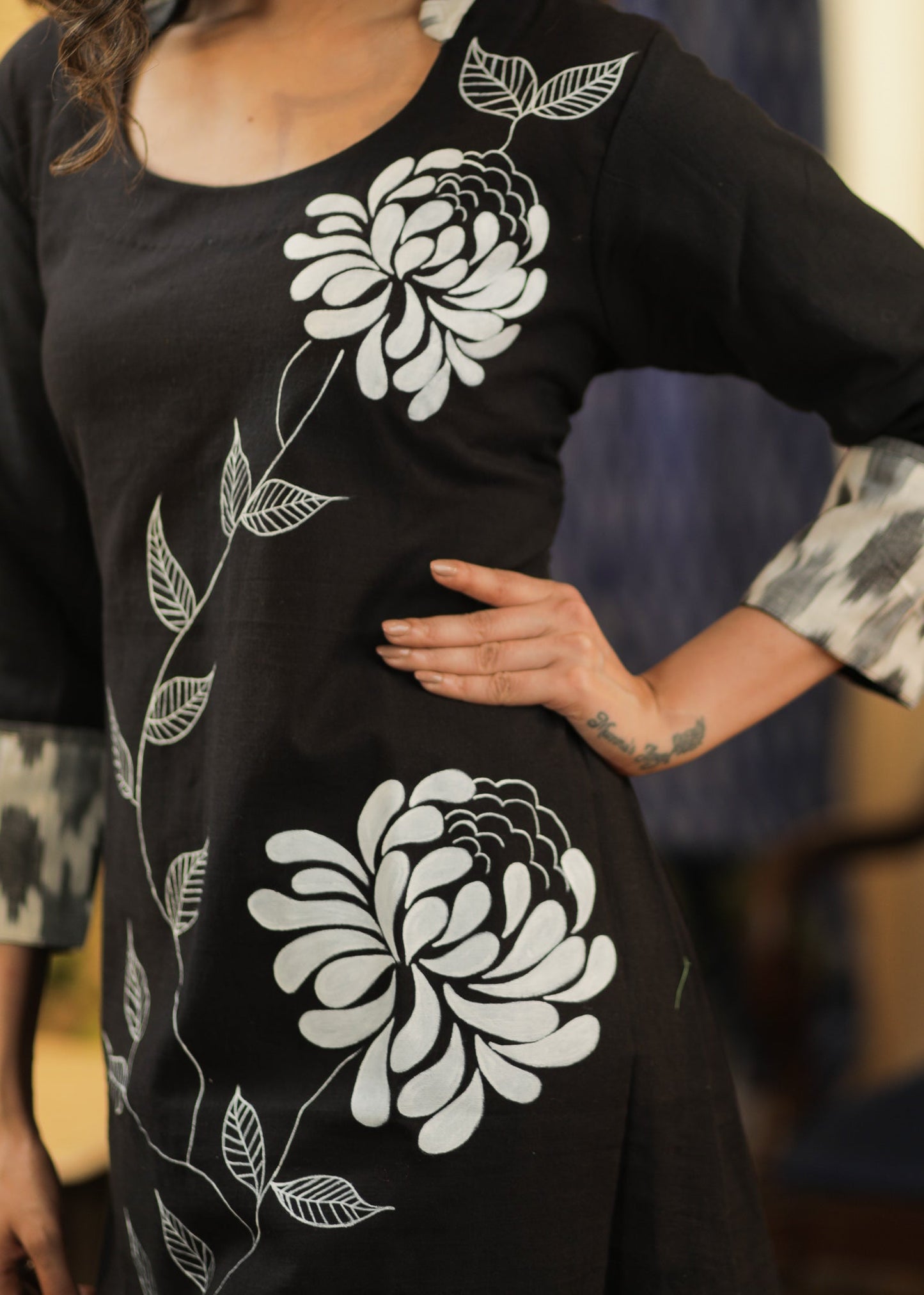 A-line Handloom Cotton Kurta with Ikat and  Exclusive Hand Painting all over