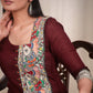 Striking Straight Cut Wine Colour Kurta With Hand Painted Madhubani Panel