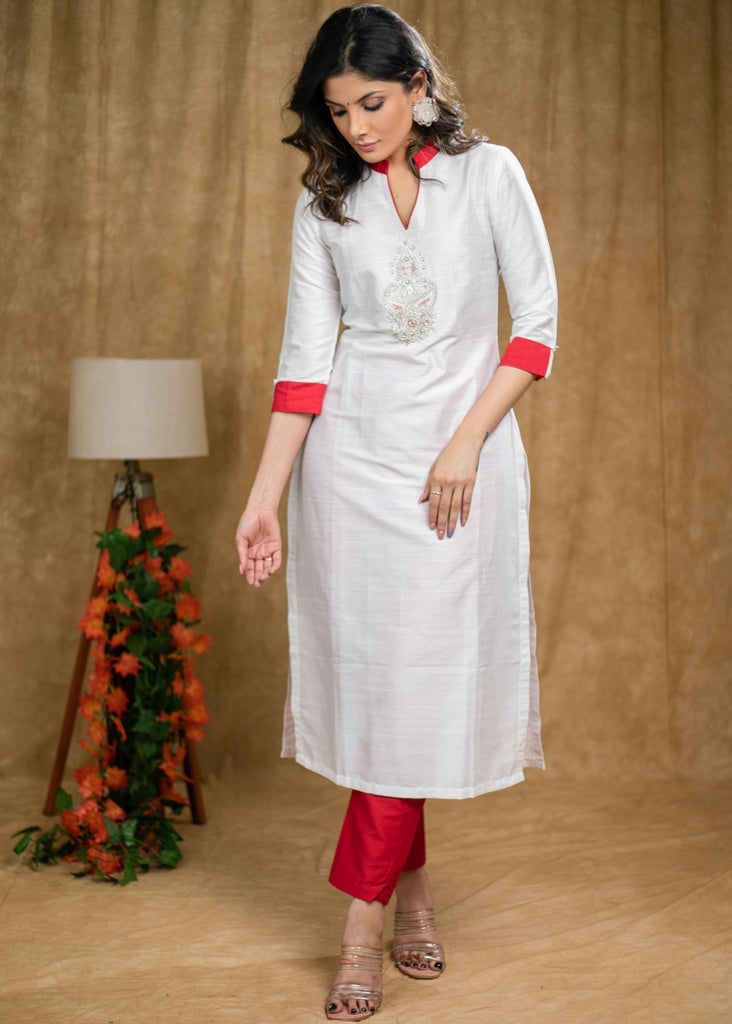 Straight Cut White Cotton silk kurta with stone embedded Handwork .