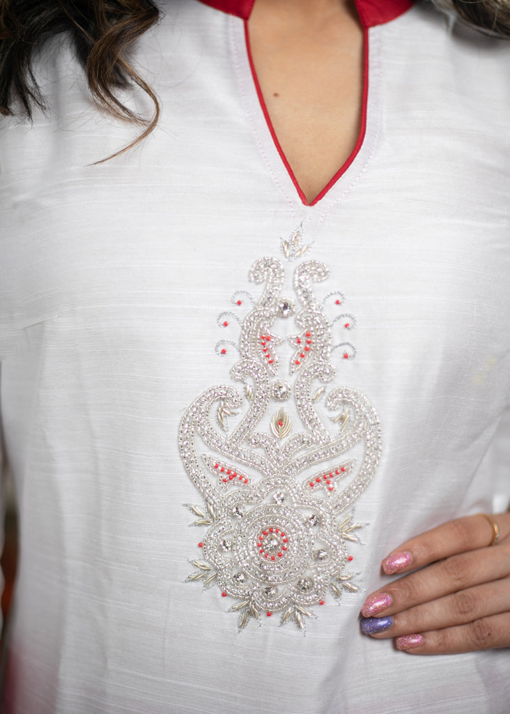 Straight Cut White Cotton silk kurta with stone embedded Handwork .