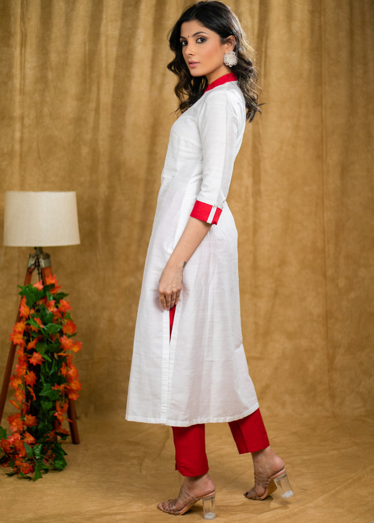 Straight Cut White Cotton silk kurta with stone embedded Handwork .