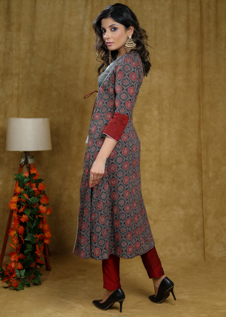 Trendy Cotton Ajrakh Kantha Printed Jacket with Beautiful Hand Painted Sleeveless Kurta (2 Piece) - Pant Optional