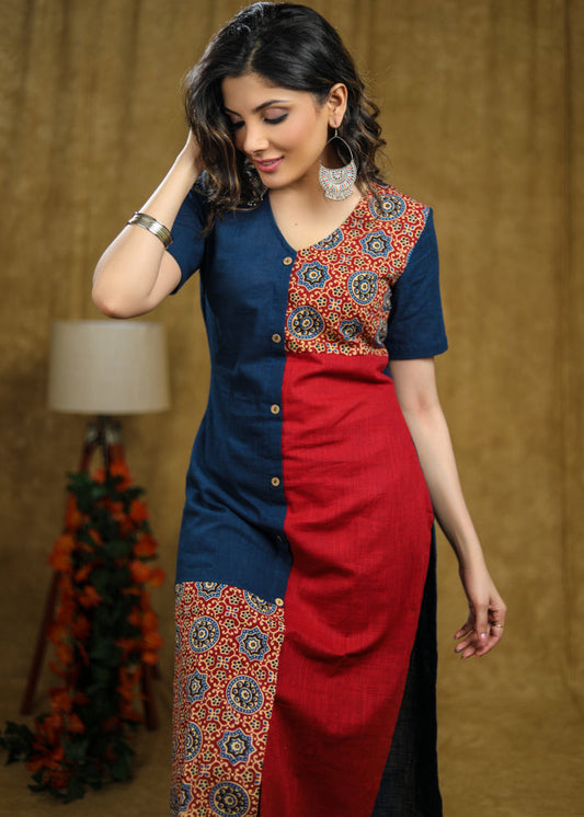 Simple and Elegant Cotton kurta with Ajrakh detaling