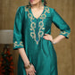 Exotic Turquoise green & Royal blue colour-blocked Cotton silk kurta with zari work on neckline