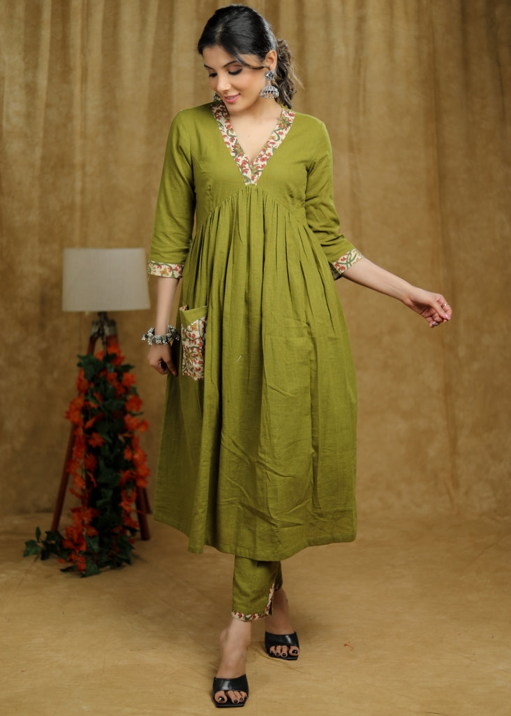 Breezy Mehendi green cotton kurti with floral print detaling & pocket