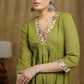 Breezy Mehendi green cotton kurti with floral print detaling & pocket