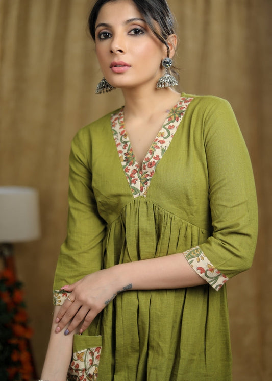 Breezy Mehendi green cotton kurti with floral print detaling & pocket