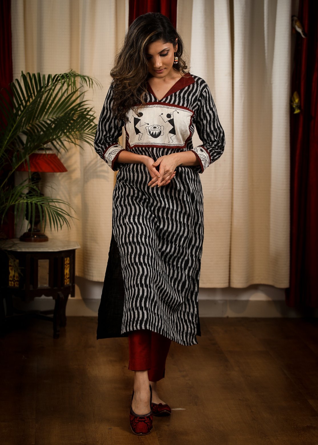 Straight Cut Cotton Ikat Kurta With Beautiful Handpainted Warli Work