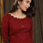 Classy maroon ajrakh combination gown with scallops neckline and all over mirror embroidery