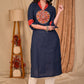 Beautiful Straight Cut Navy Blue Cotton Kurta with Kutch mirror work on yoke - Pant Optional