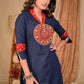 Beautiful Straight Cut Navy Blue Cotton Kurta with Kutch mirror work on yoke - Pant Optional