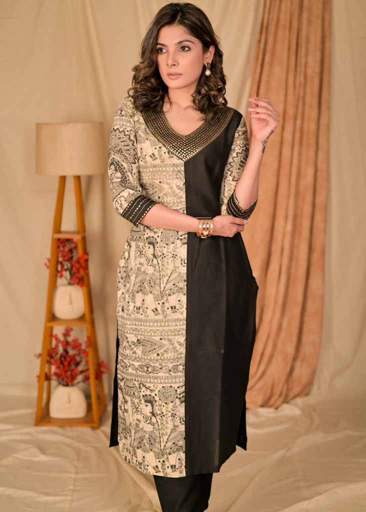 Exclusive Black Cotton Silk and Madhubani Print Combination Kurta with Hand Embroidery on Neckline and Sleeves - Pant Optional