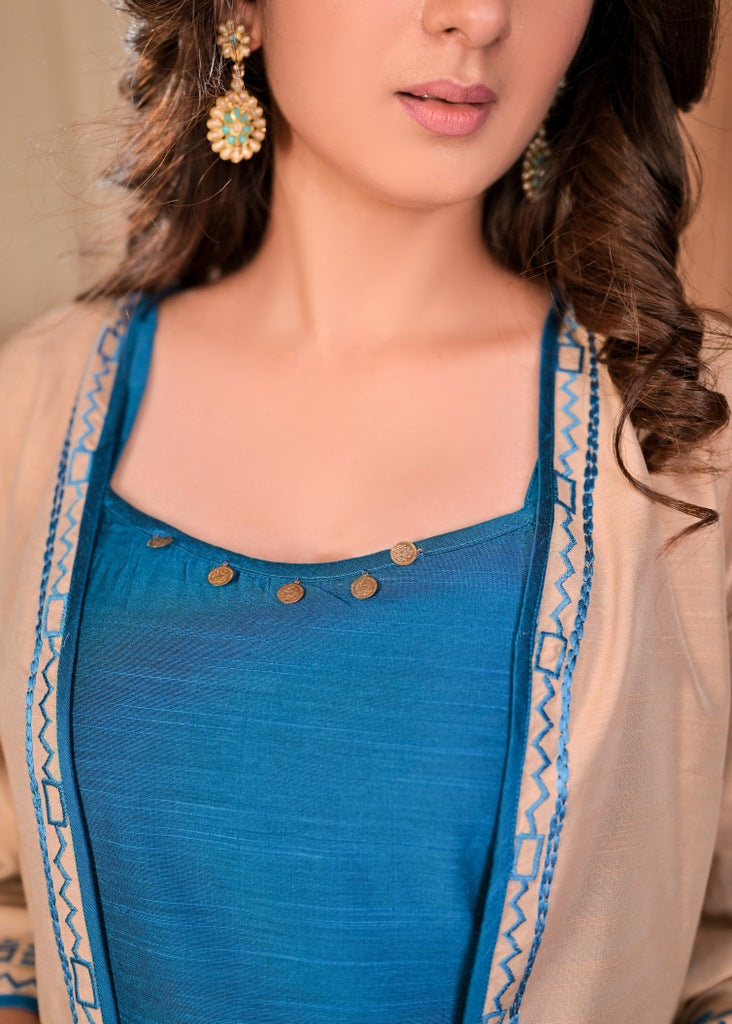 Beautiful Beige Cotton Silk Embroidered Jacket with Blue Cotton Silk Inner Set - Beige Palazzo Optional