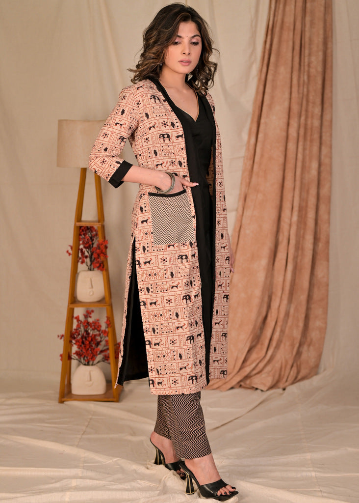 Classy Beige cotton Ajrakh Jacket with Black Inner - Pant Optional