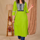 Exclusive Straight Cut Parrot Green Cotton Kurta with Indigo Yoke - Pant Optional