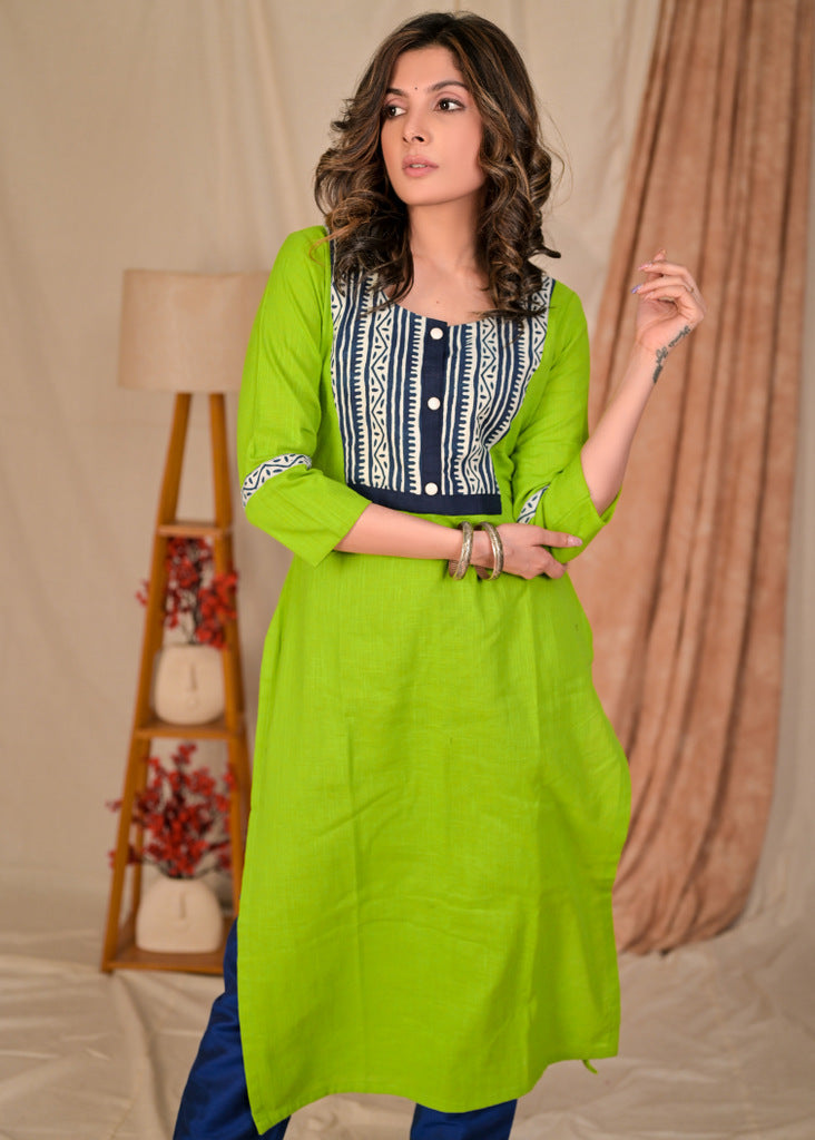 Exclusive Straight Cut Parrot Green Cotton Kurta with Indigo Yoke - Pant Optional