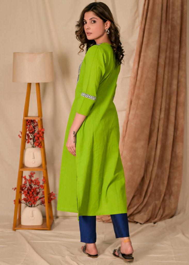 Exclusive Straight Cut Parrot Green Cotton Kurta with Indigo Yoke - Pant Optional