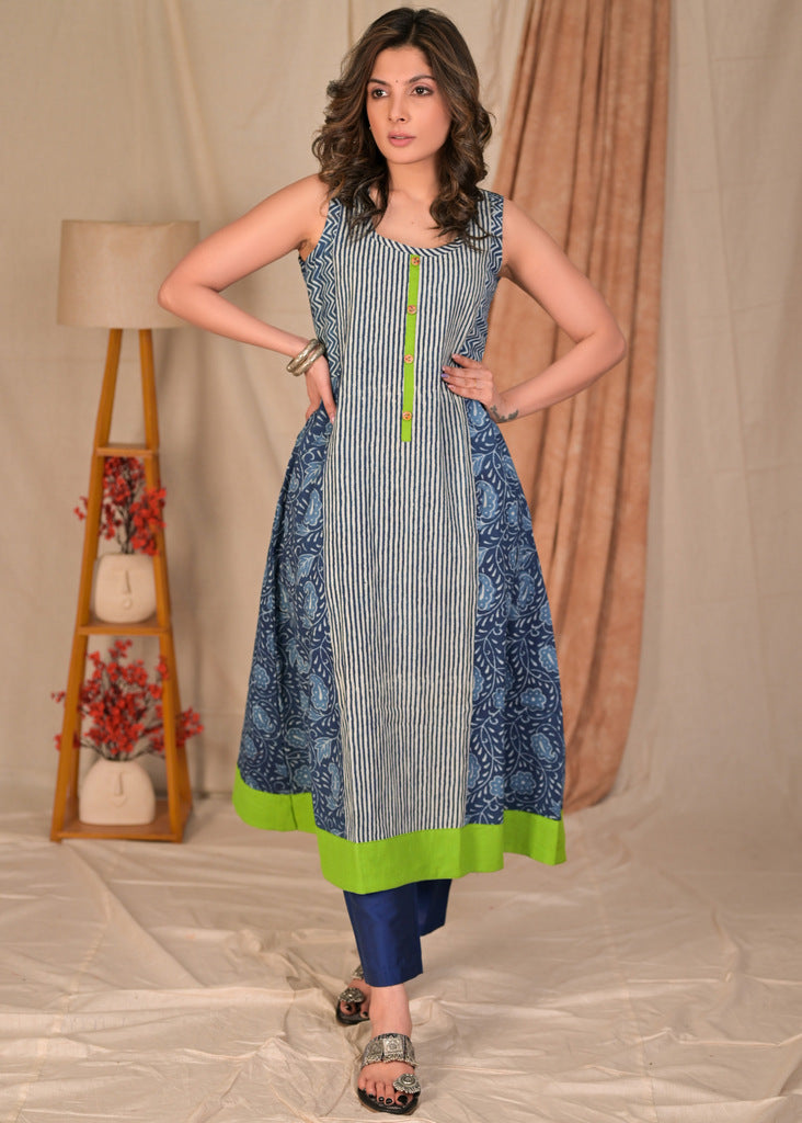 Elegant A - Line Sleeveless Cotton Indigo Combination Kurta with Parrot Green Detailing - Pant Optional