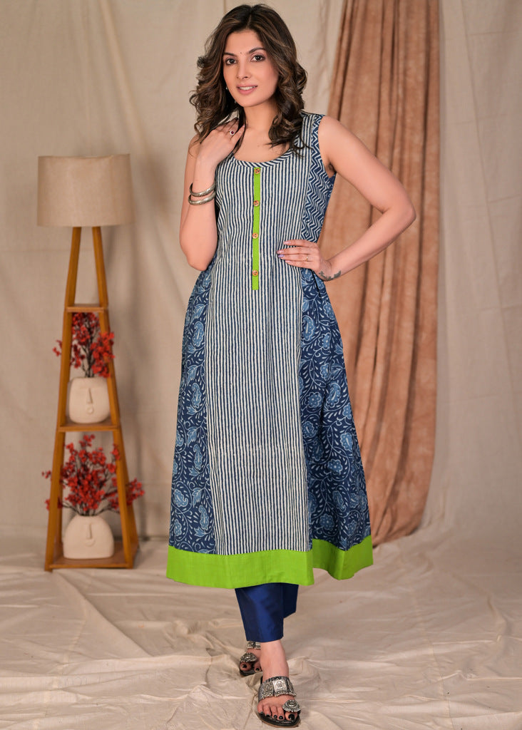Elegant A - Line Sleeveless Cotton Indigo Combination Kurta with Parrot Green Detailing - Pant Optional