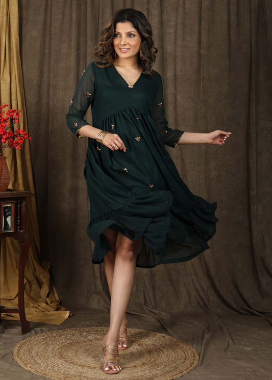 Beautiful bottle green gathered dress with minimal hand embroidery and georgette hemline