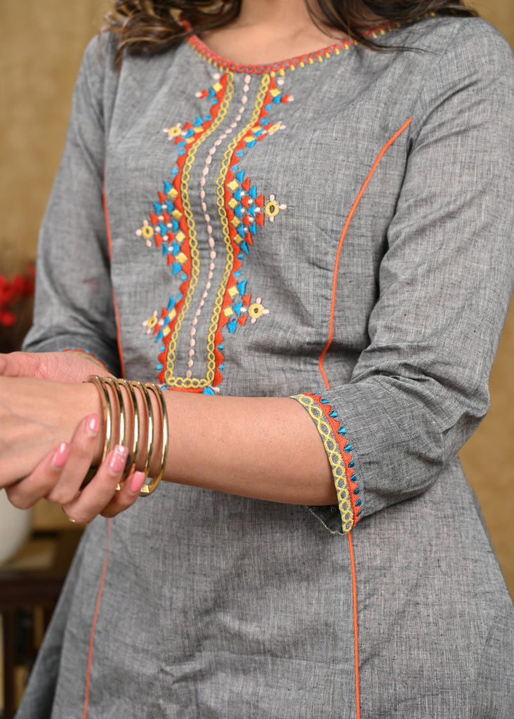 Exclusive Grey Handloom Cotton Tunic with Multicolor Embroidery