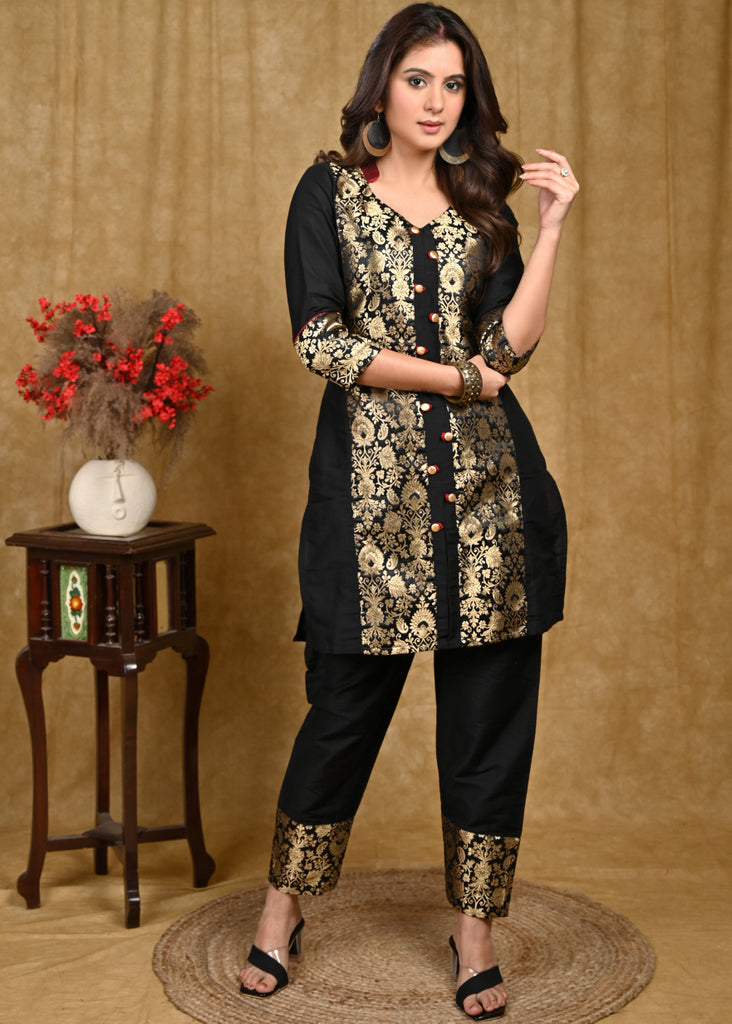 Party Wear Black Cotton Silk And Brocade Combination Tunic