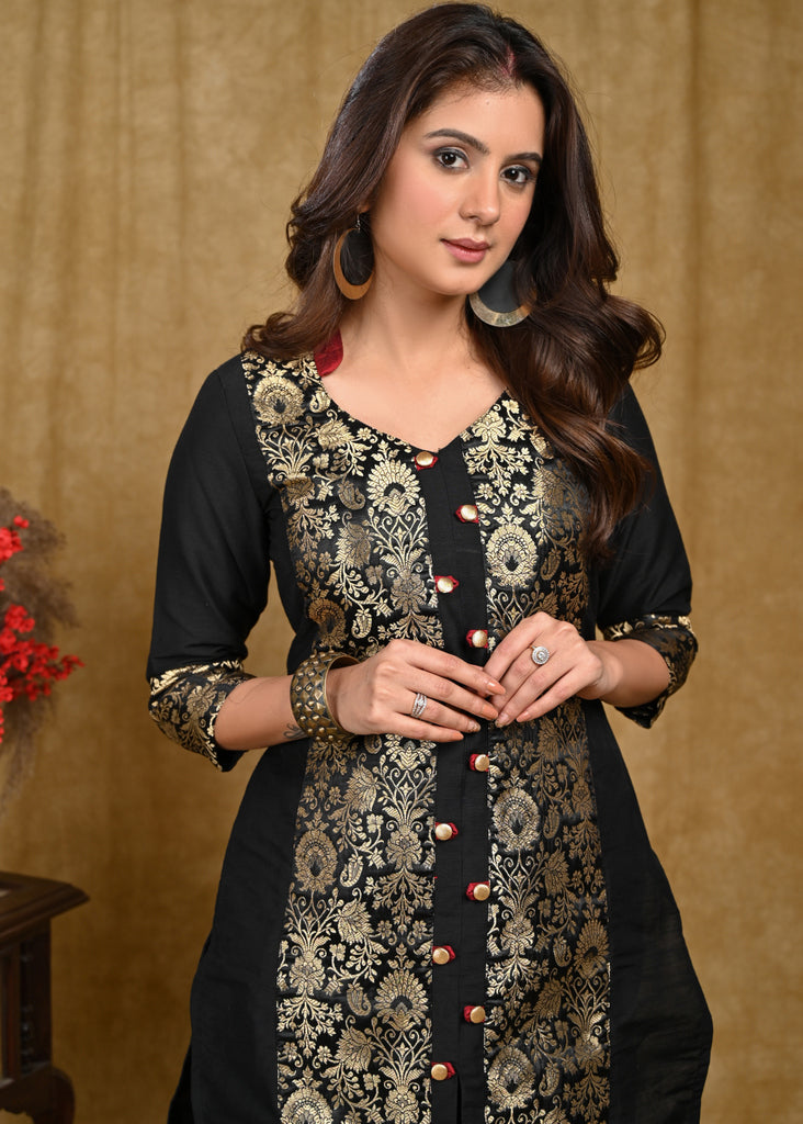 Party Wear Black Cotton Silk And Brocade Combination Tunic