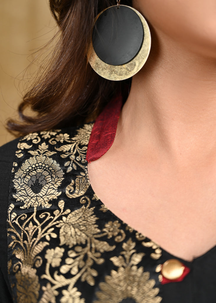 Party Wear Black Cotton Silk And Brocade Combination Tunic